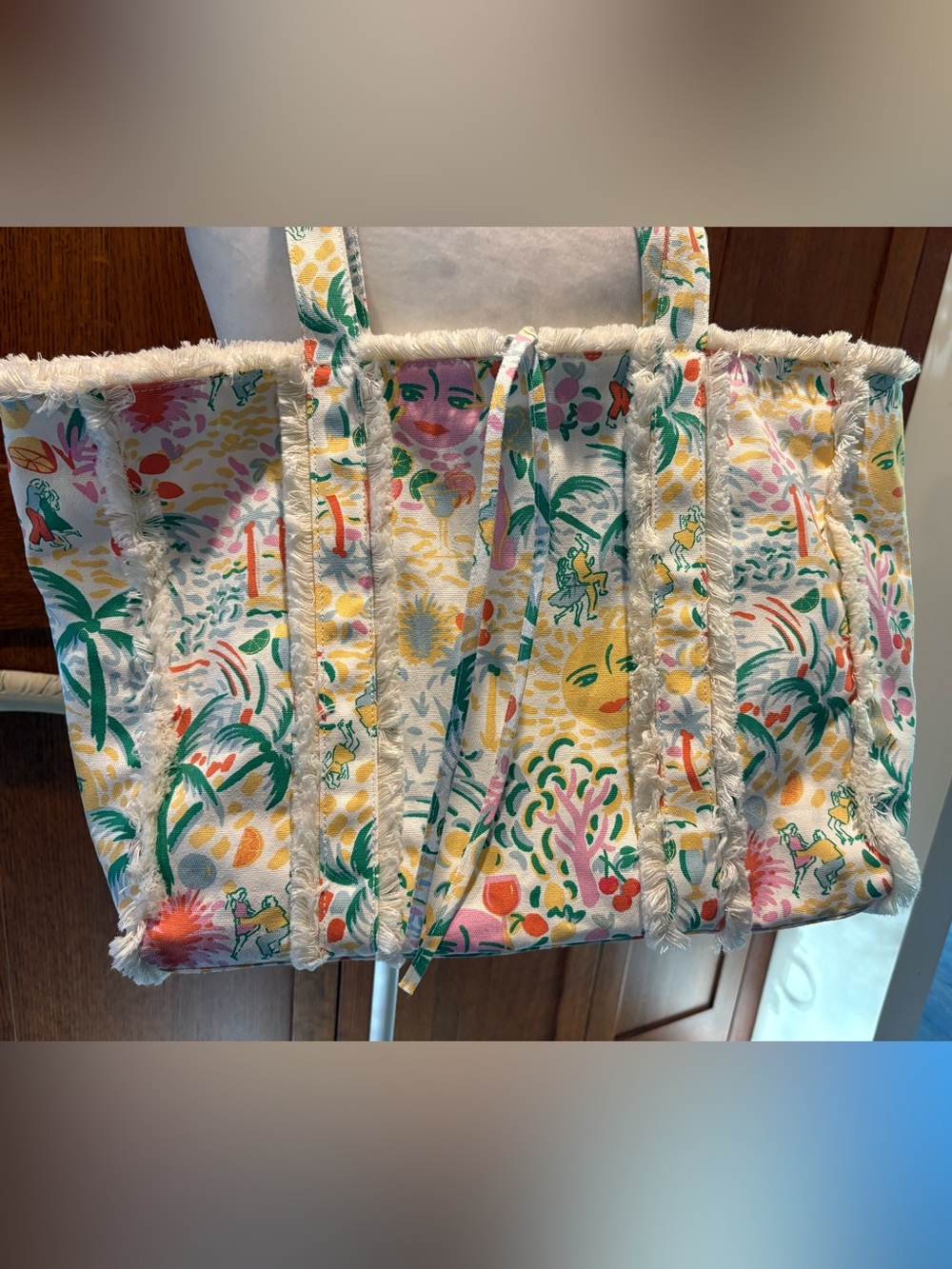 NWOT Roller Rabbit Sunny Beach Tote Fringed Dancers Cream Beige Multi